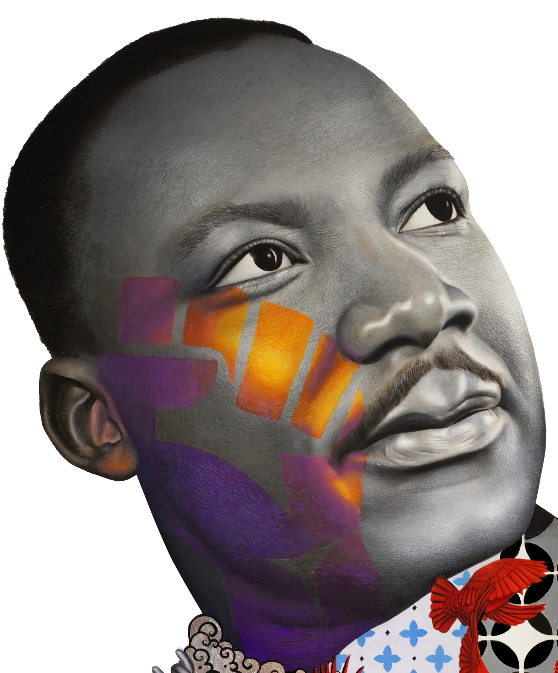 Martin Luther King – Peinture Beni à l’huile et feuilles d’argent – Œuvre unique