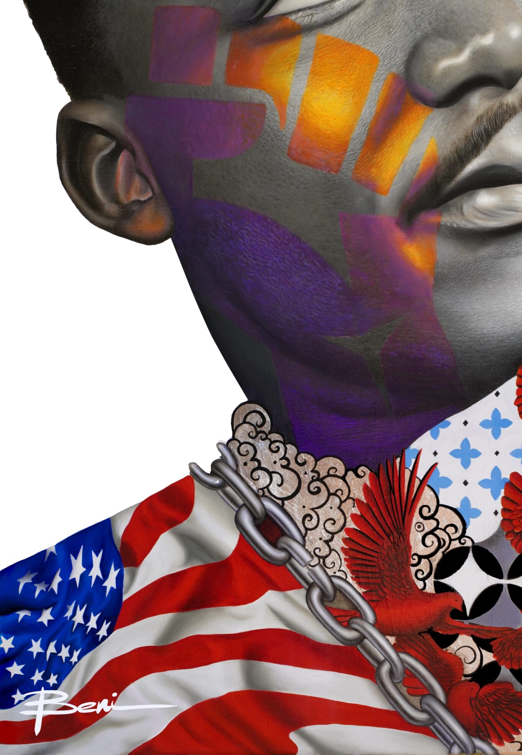 Martin Luther King – Peinture Beni à l’huile et feuilles d’argent – Œuvre unique