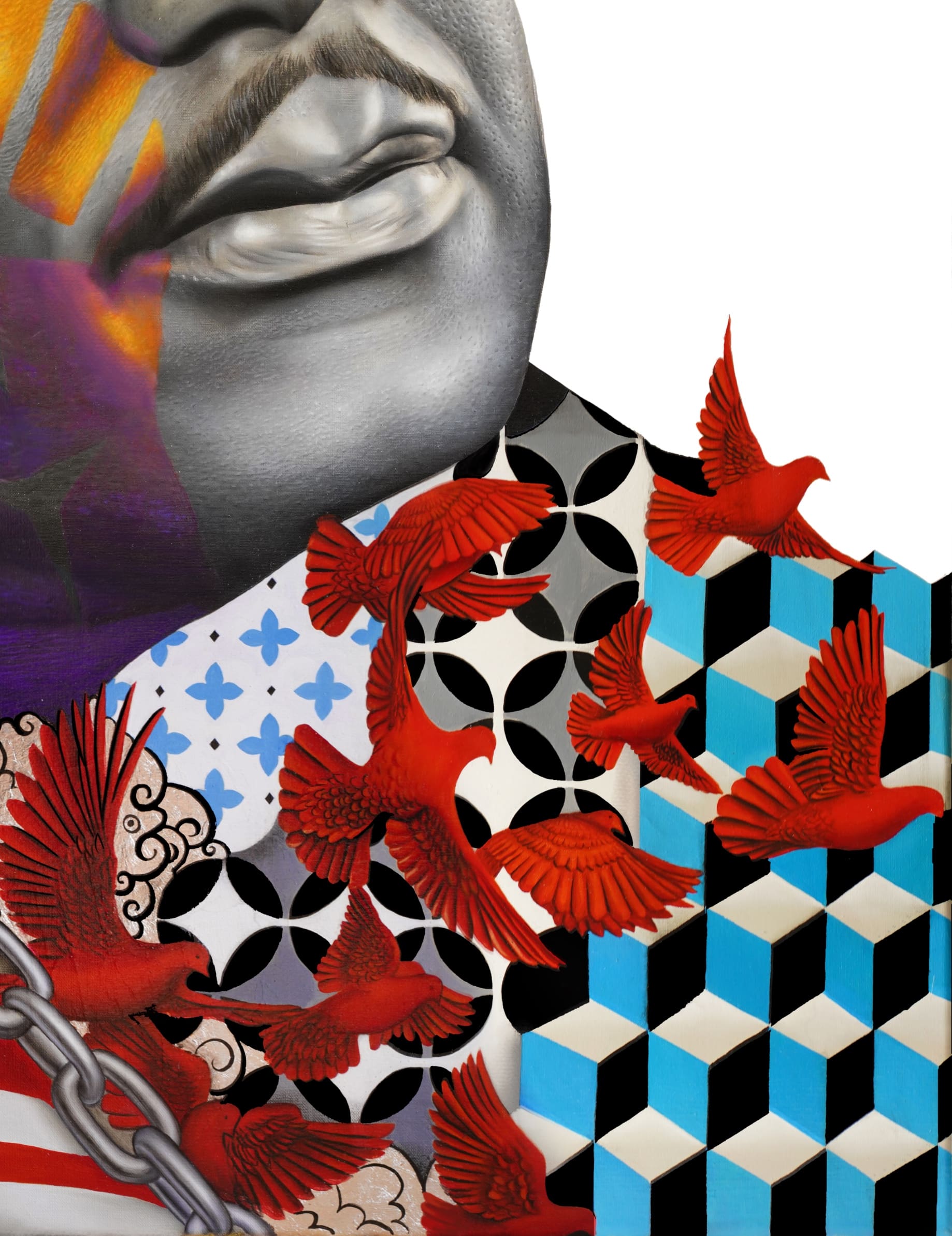 Martin Luther King – Peinture Beni à l’huile et feuilles d’argent – Œuvre unique