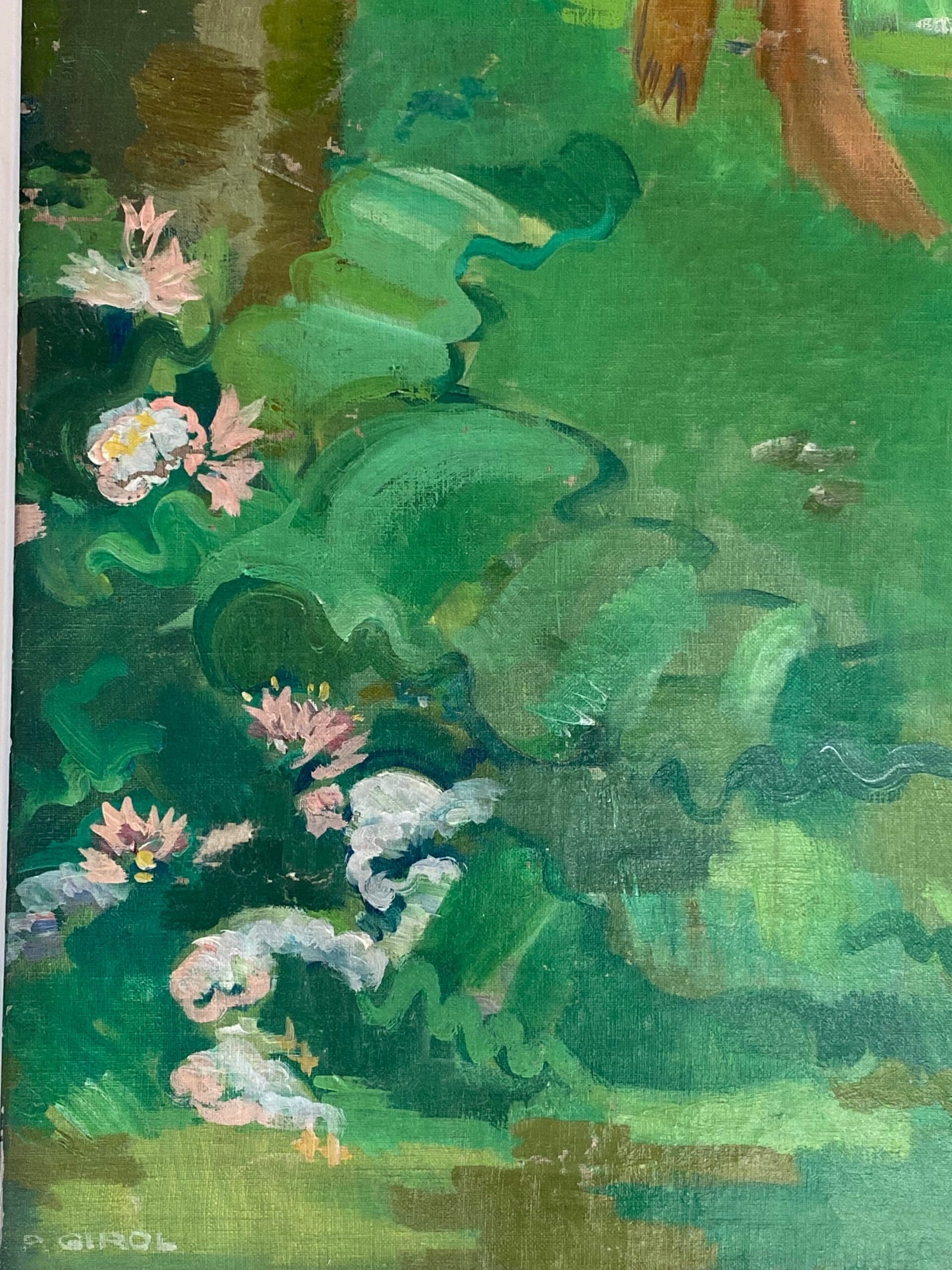 Paul Girol – Grande huile sur toile (1955) – Scène de loisirs figurative, cadre d’origine