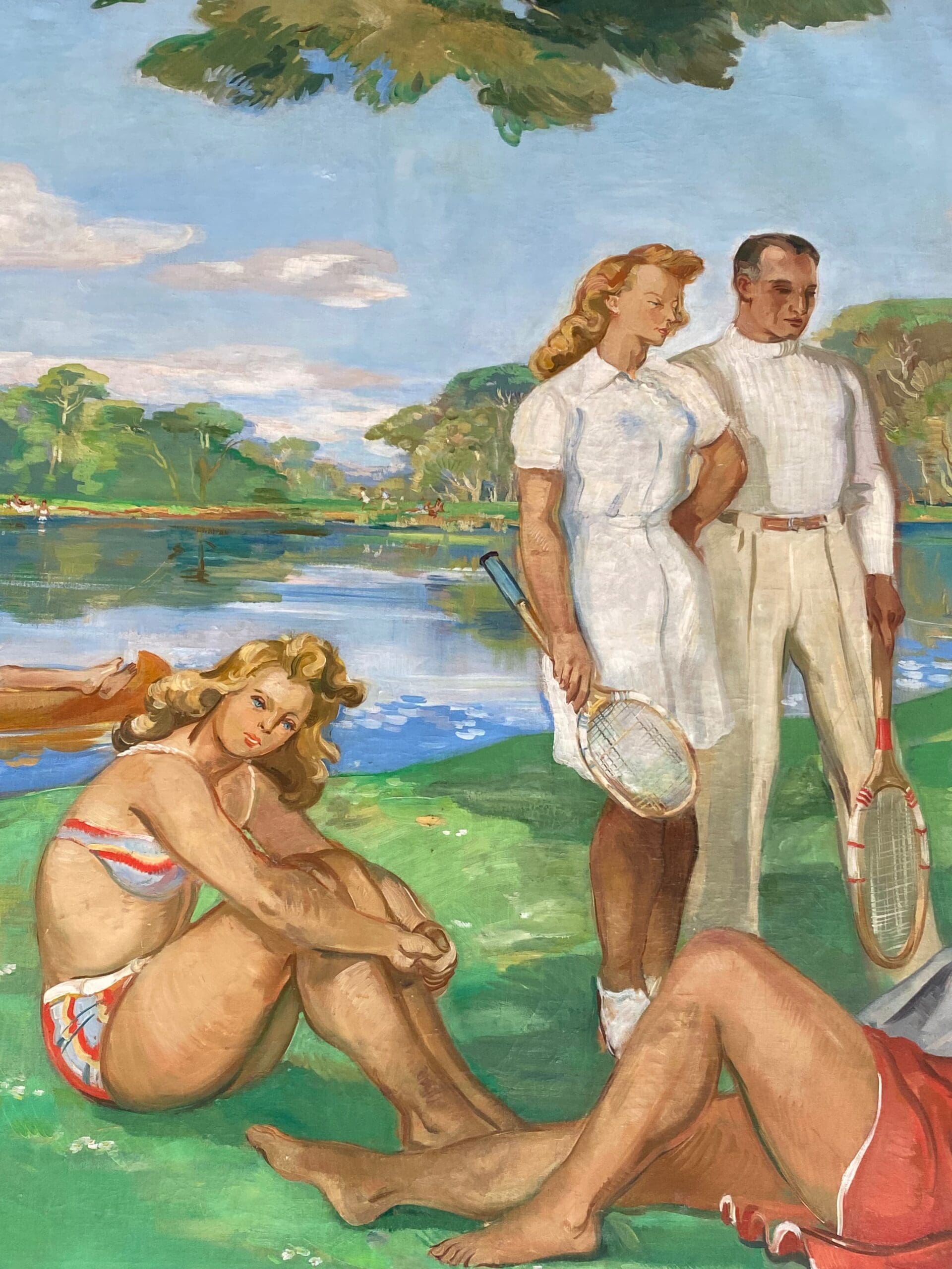 Paul Girol – Grande huile sur toile (1955) – Scène de loisirs figurative, cadre d’origine