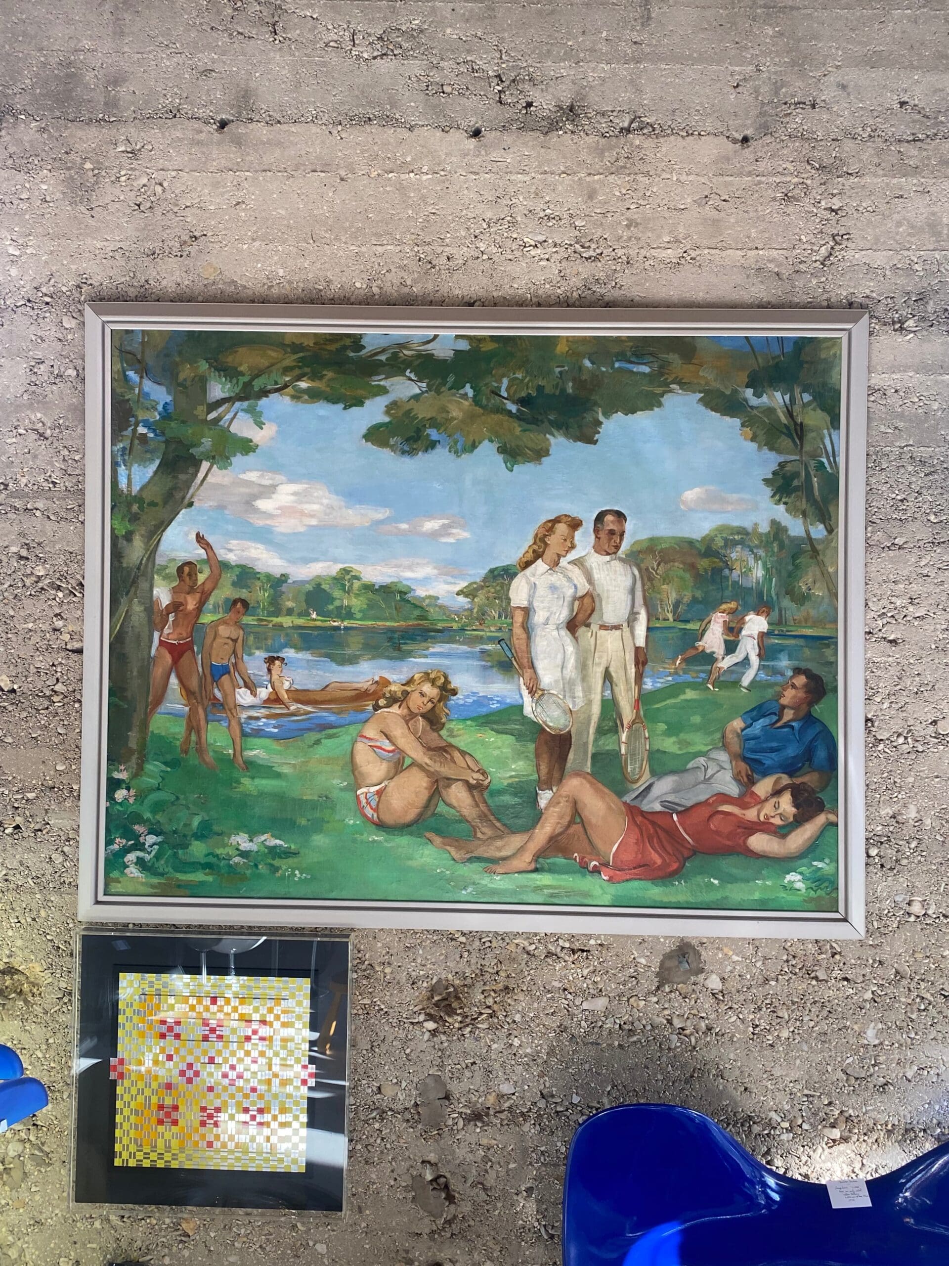 Paul Girol – Grande huile sur toile (1955) – Scène de loisirs figurative, cadre d’origine