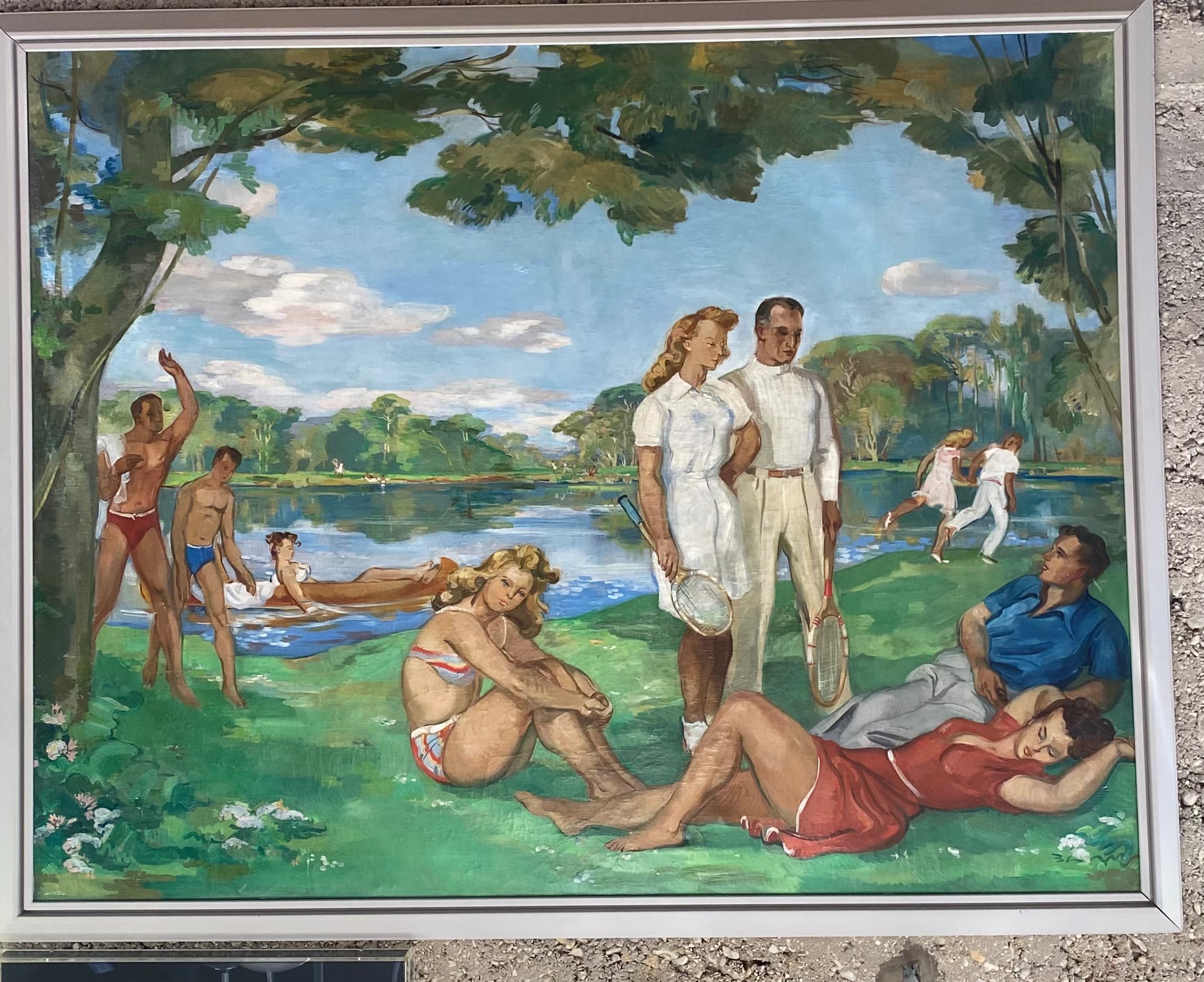 Paul Girol – Grande huile sur toile (1955) – Scène de loisirs figurative, cadre d’origine