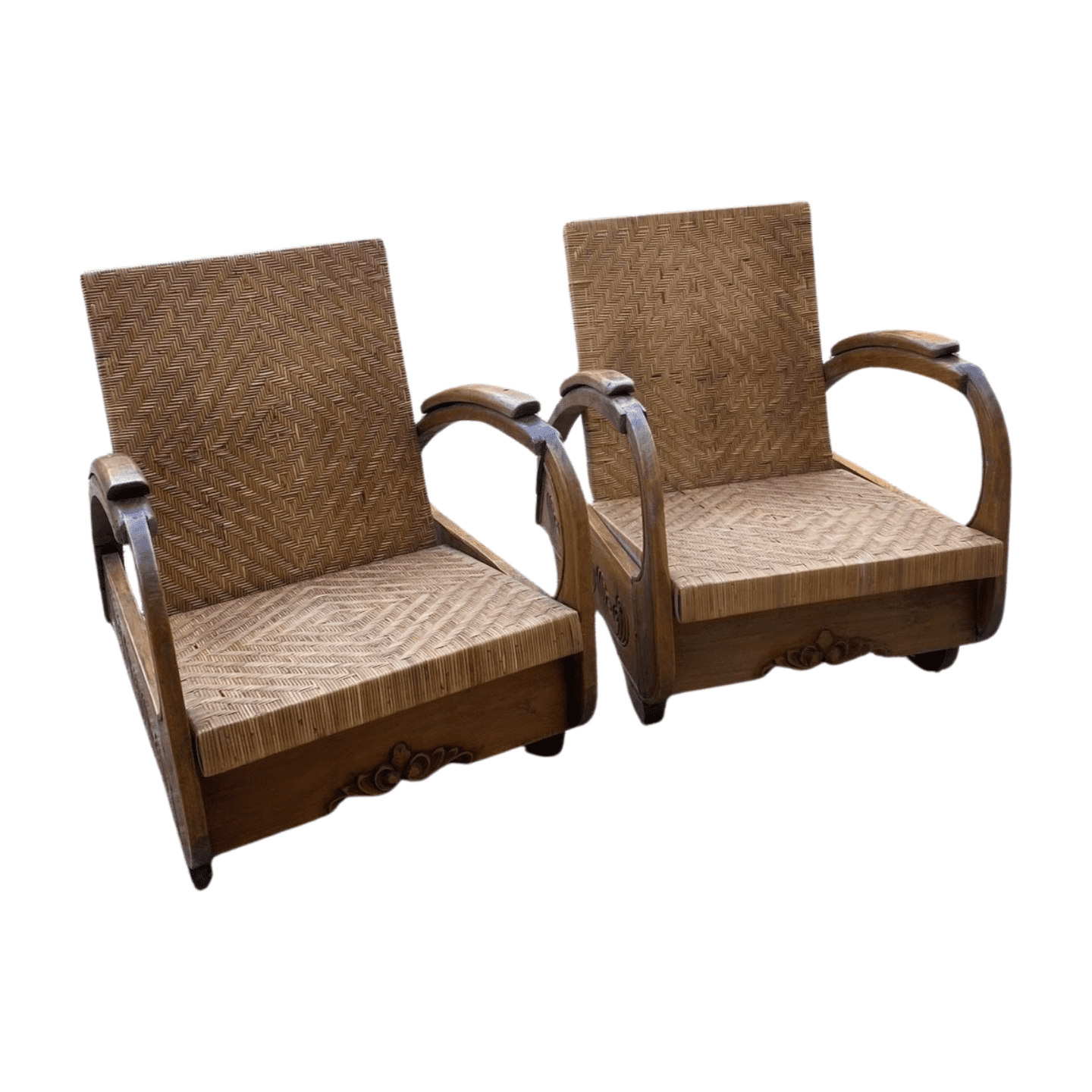 Paire de fauteuils art déco coloniaux en teck et rotin – circa 1940