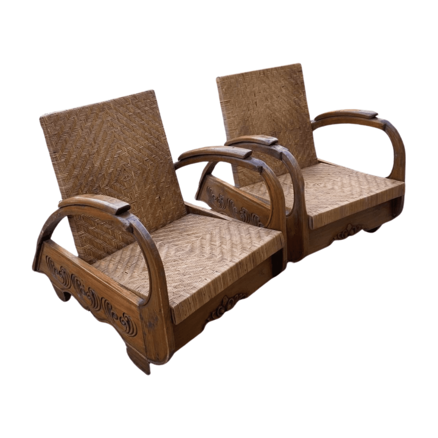 Paire de fauteuils art déco coloniaux en teck et rotin – circa 1940