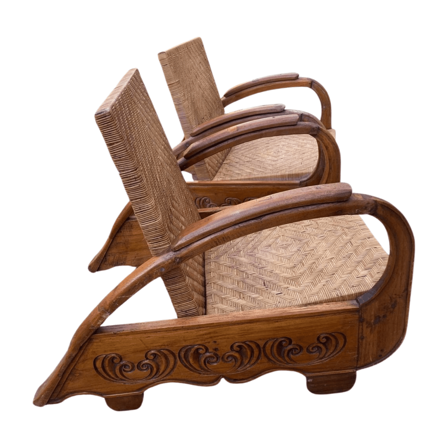 Paire de fauteuils art déco coloniaux en teck et rotin – circa 1940