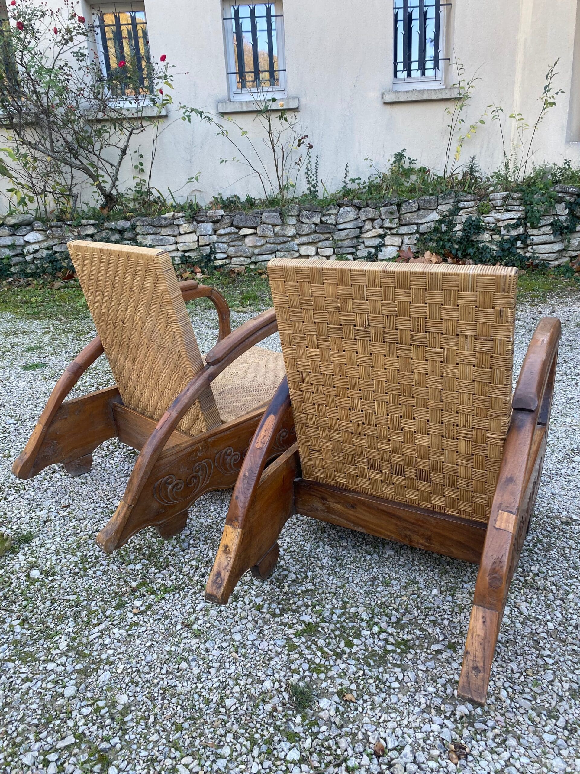 Paire de fauteuils art déco coloniaux en teck et rotin – circa 1940