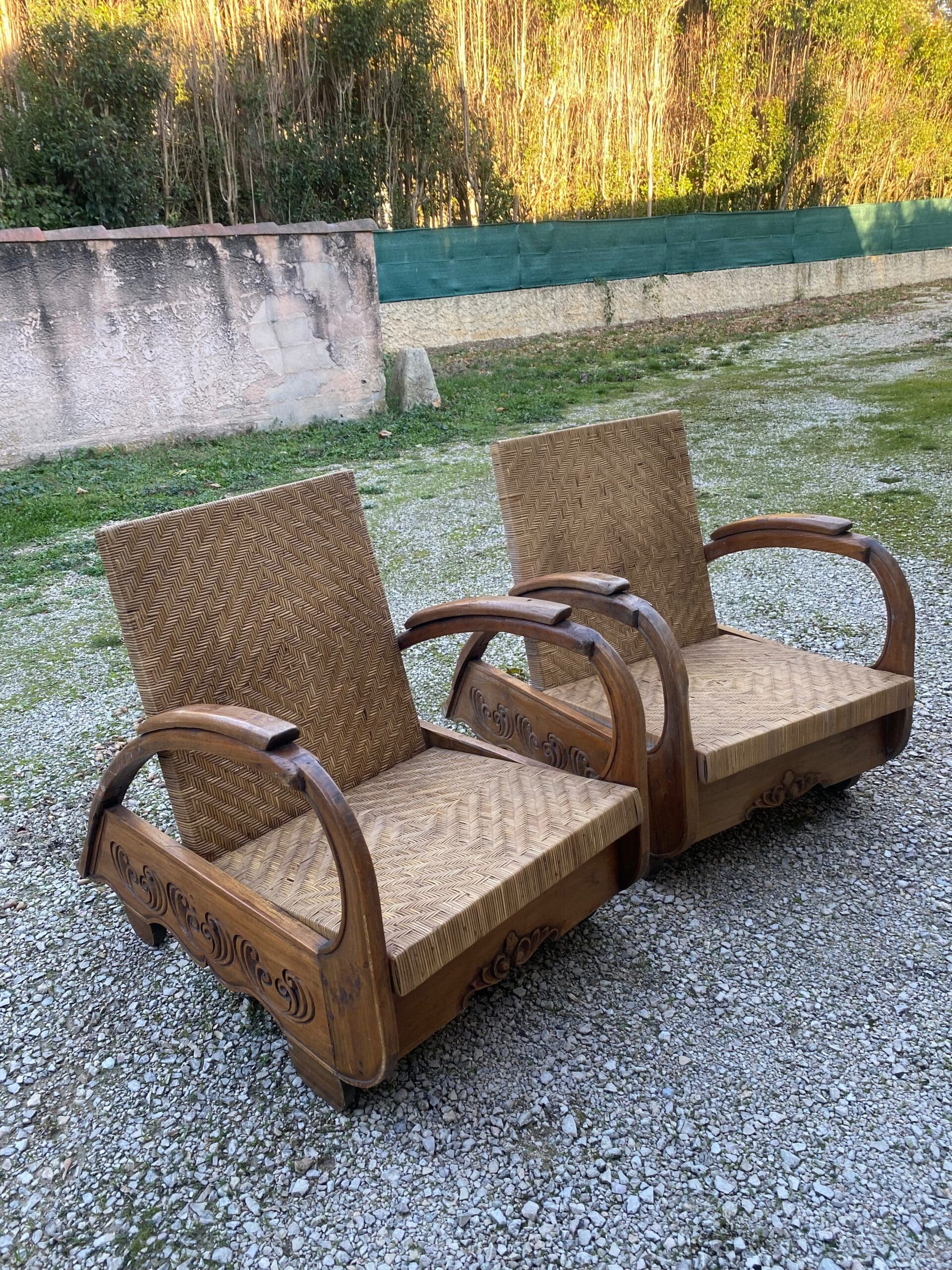 Paire de fauteuils art déco coloniaux en teck et rotin – circa 1940